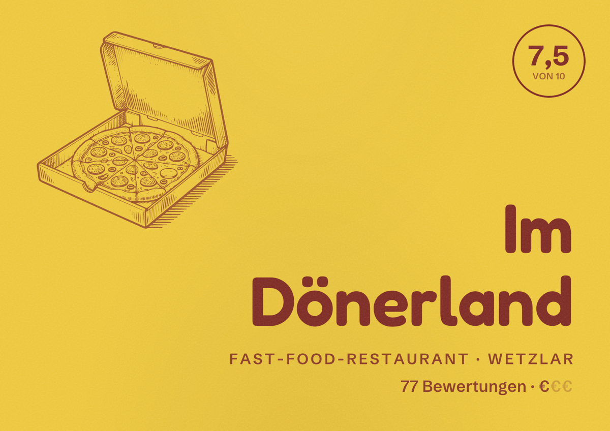 Illustriertes Poster von Im Dönerland, Fast-Food-Restaurant in Wetzlar: Bewertung 7,5 von 10 aus 77 Bewertungen, Preisniveau €