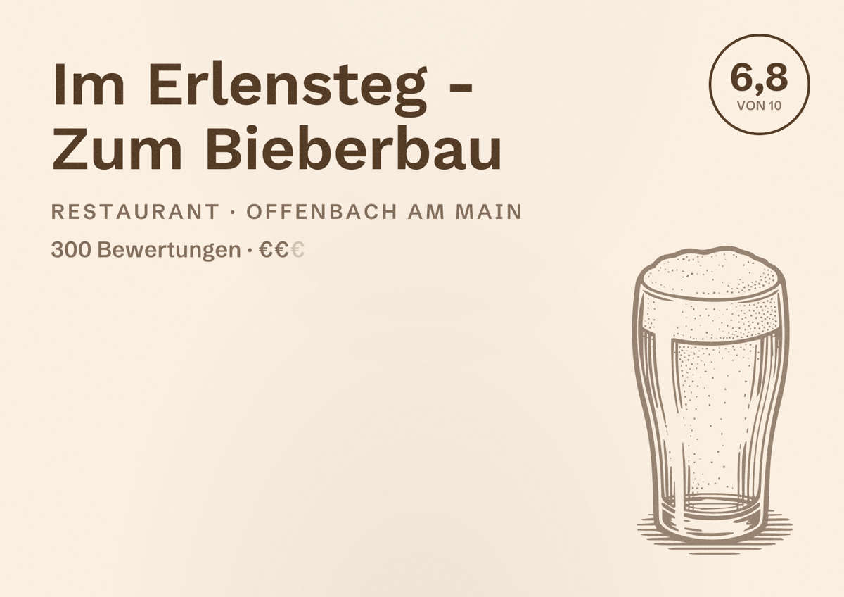Illustriertes Poster von Im Erlensteg - Zum Bieberbau, Restaurant in Offenbach am Main: Bewertung 6,8 von 10 aus 300 Bewertungen, Preisniveau €€