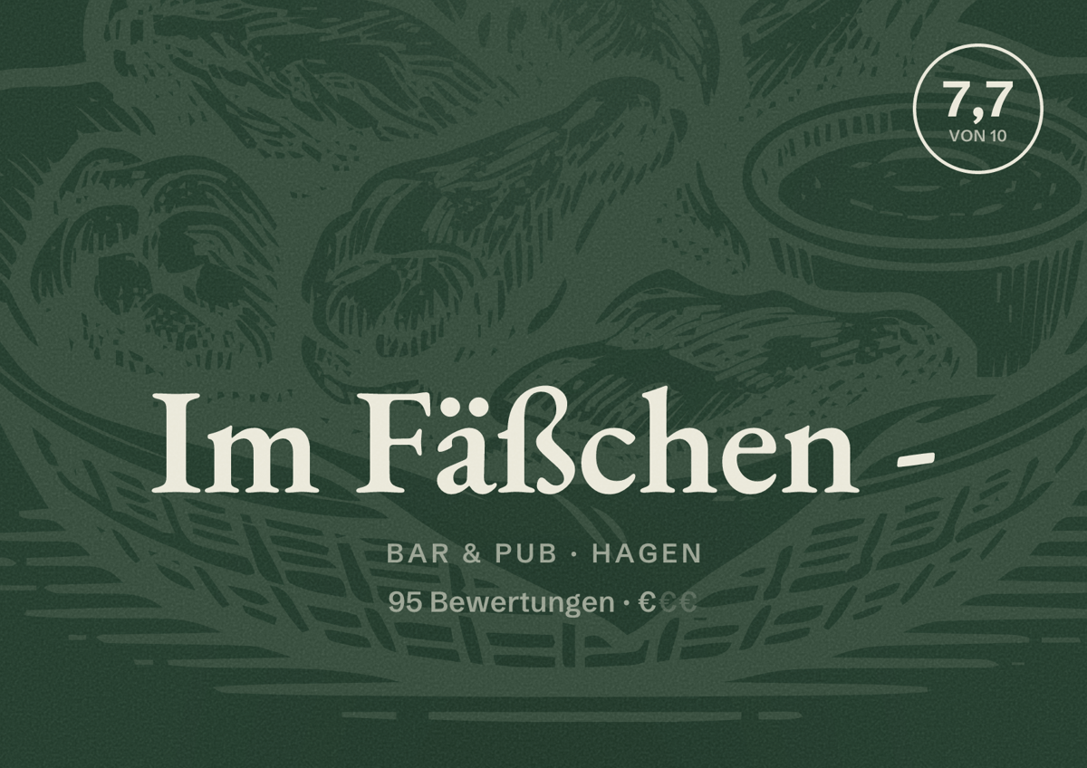 Illustriertes Poster von Im Fäßchen -, Bar & Pub in Hagen: Bewertung 7,7 von 10 aus 95 Bewertungen, Preisniveau €