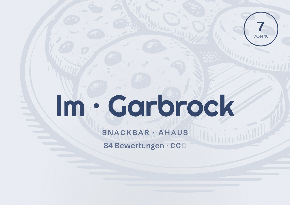 Illustriertes Poster von Im Garbrock, Snackbar in Ahaus: Bewertung 7,0 von 10 aus 84 Bewertungen, Preisniveau €€