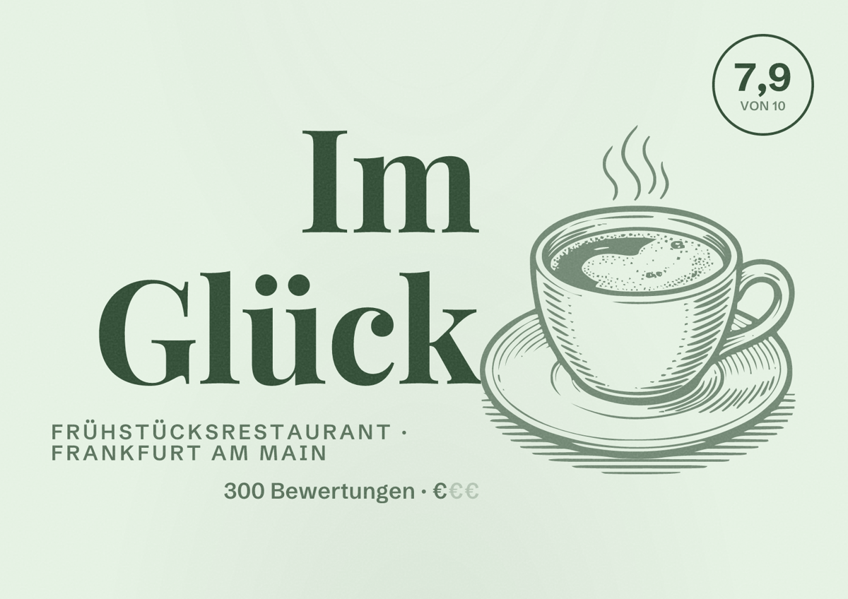 Illustriertes Poster von Im Glück, Frühstücksrestaurant in Frankfurt am Main: Bewertung 7,9 von 10 aus 300 Bewertungen, Preisniveau €