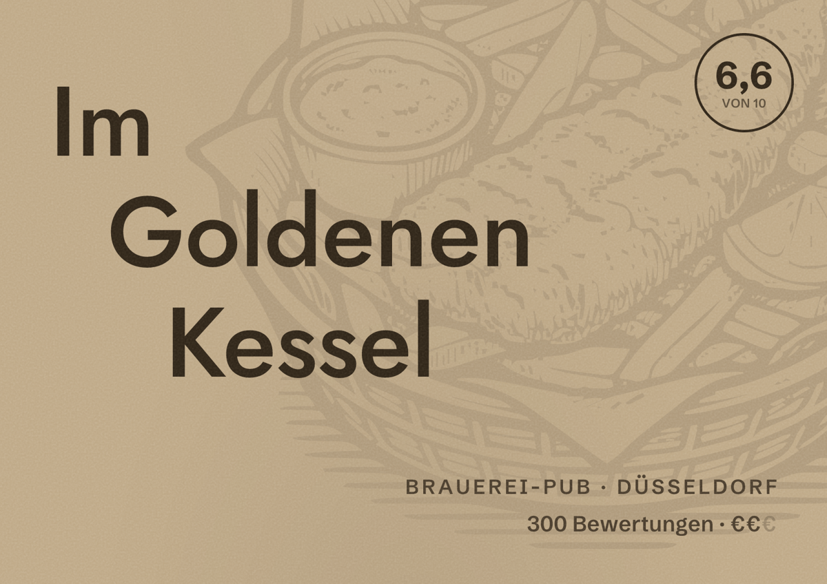 Illustriertes Poster von Im Goldenen Kessel, Brauerei-Pub in Düsseldorf: Bewertung 6,6 von 10 aus 300 Bewertungen, Preisniveau €€