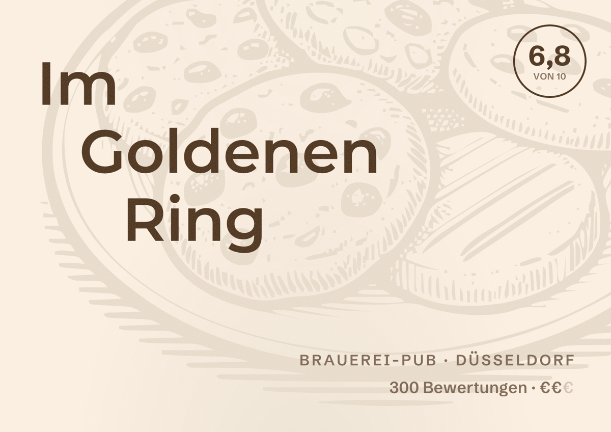 Illustriertes Poster von Im Goldenen Ring, Brauerei-Pub in Düsseldorf: Bewertung 6,8 von 10 aus 300 Bewertungen, Preisniveau €€