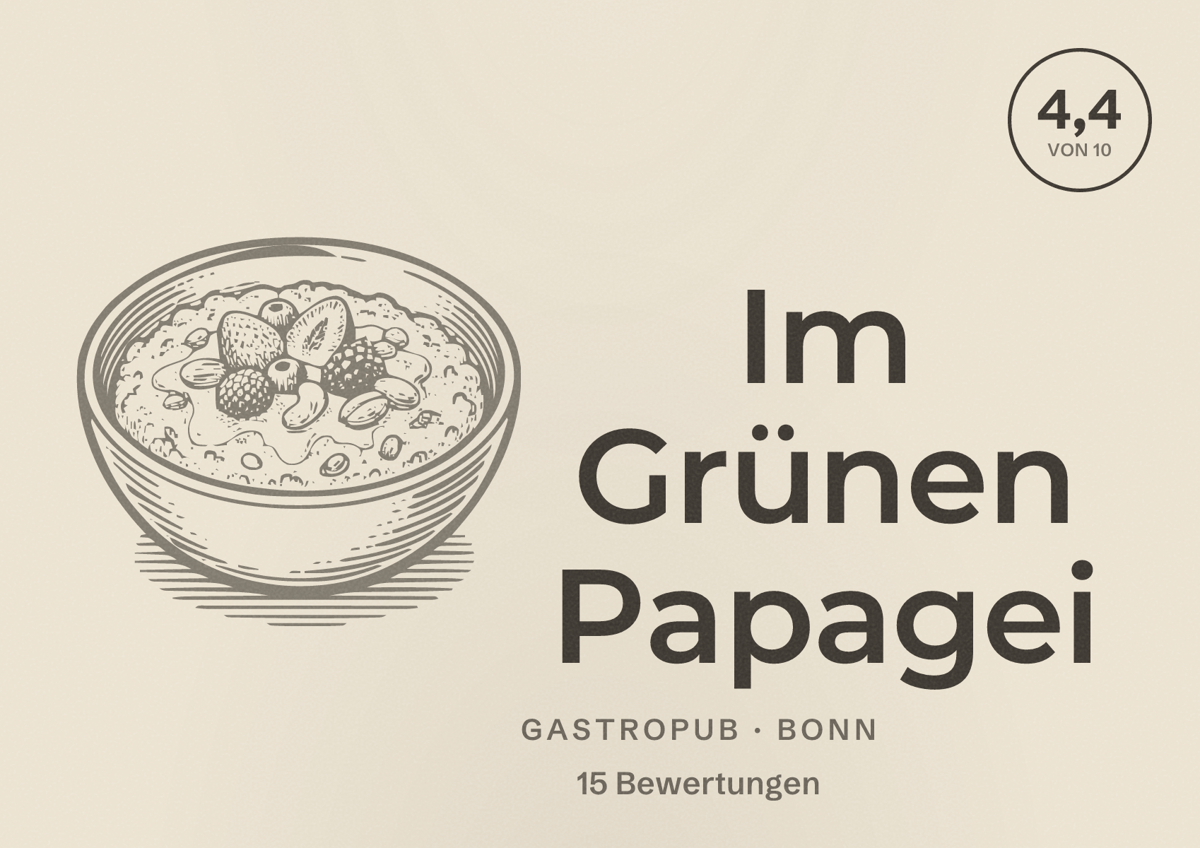 Illustriertes Poster von Im Grünen Papagei, Gastropub in Bonn: Bewertung 4,4 von 10 aus 15 Bewertungen