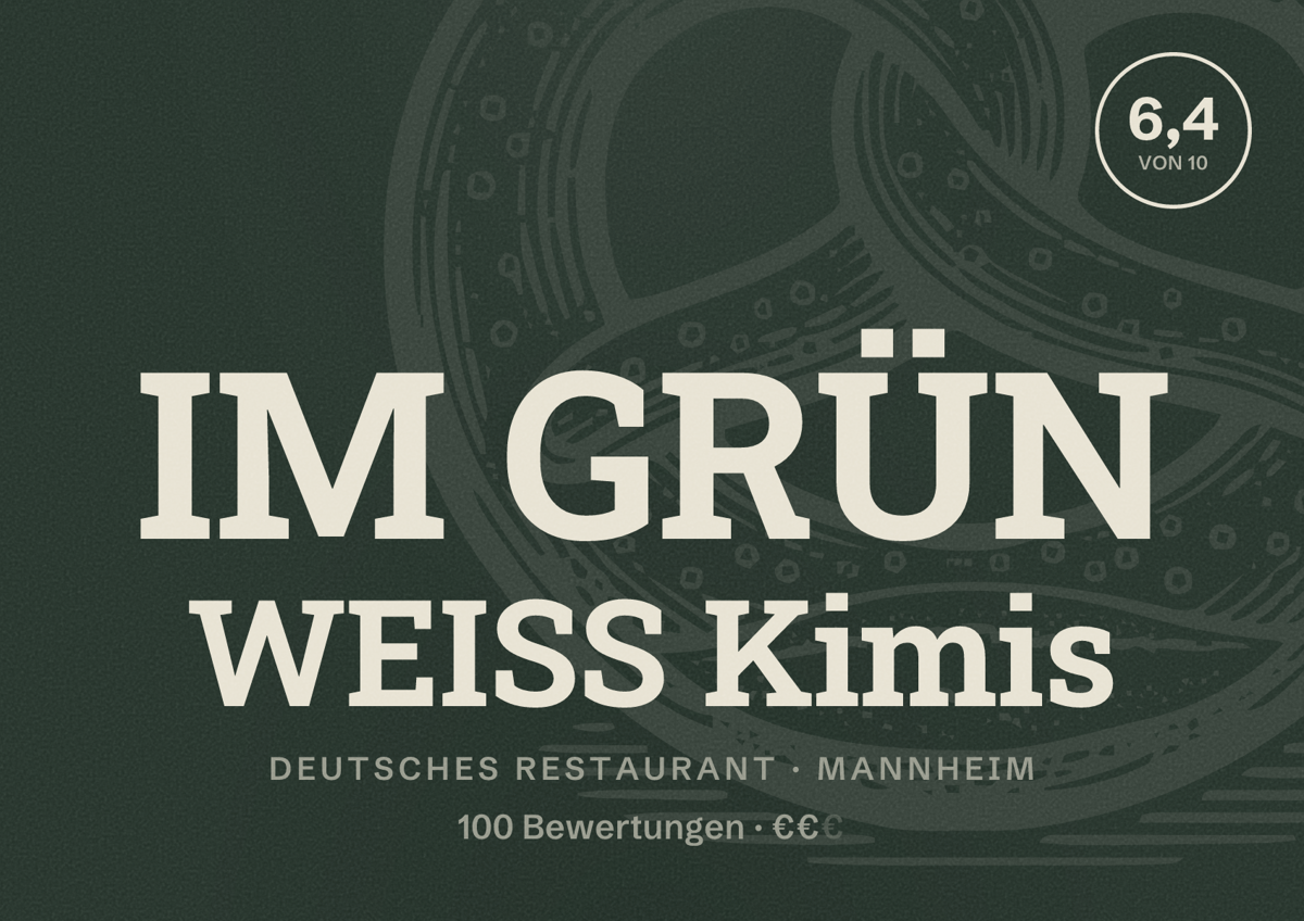Illustriertes Poster von IM GRÜN WEISS Kimis, Deutsches Restaurant in Mannheim: Bewertung 6,4 von 10 aus 100 Bewertungen, Preisniveau €€