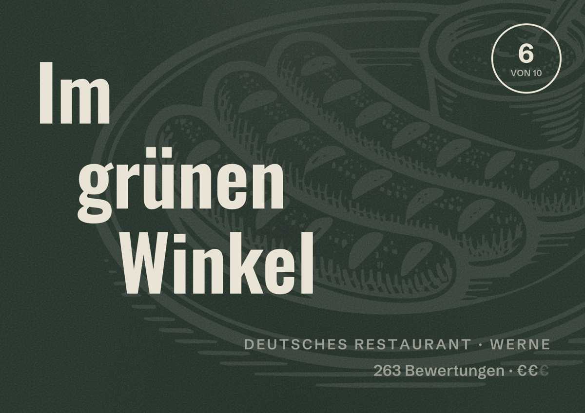 Illustriertes Poster von Im grünen Winkel, Deutsches Restaurant in Werne: Bewertung 6 von 10 aus 263 Bewertungen, Preisniveau €€