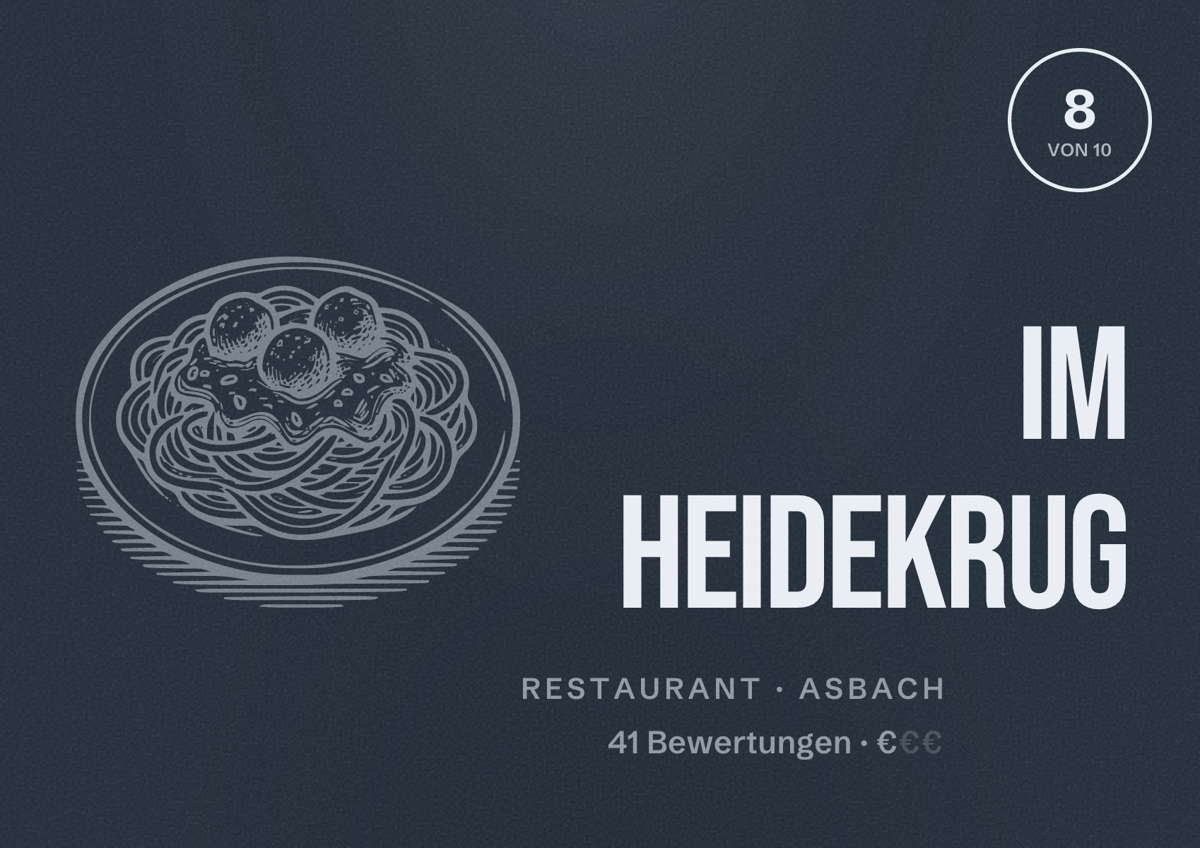 Illustriertes Poster von Im Heidekrug, Restaurant in Asbach: Bewertung 8 von 10 aus 41 Bewertungen, Preisniveau €