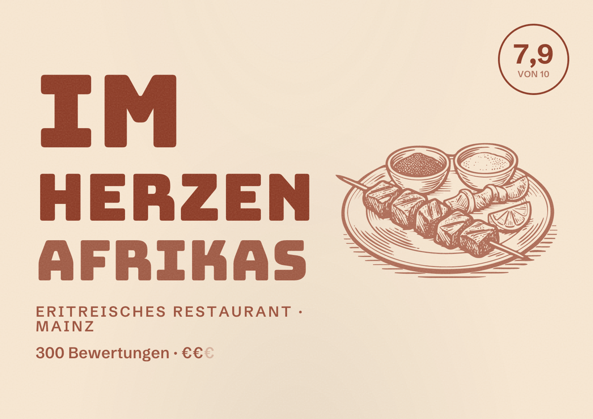 Illustriertes Poster von Im Herzen Afrikas, Eritreisches Restaurant in Mainz: Bewertung 7,9 von 10 aus 300 Bewertungen, Preisniveau €€