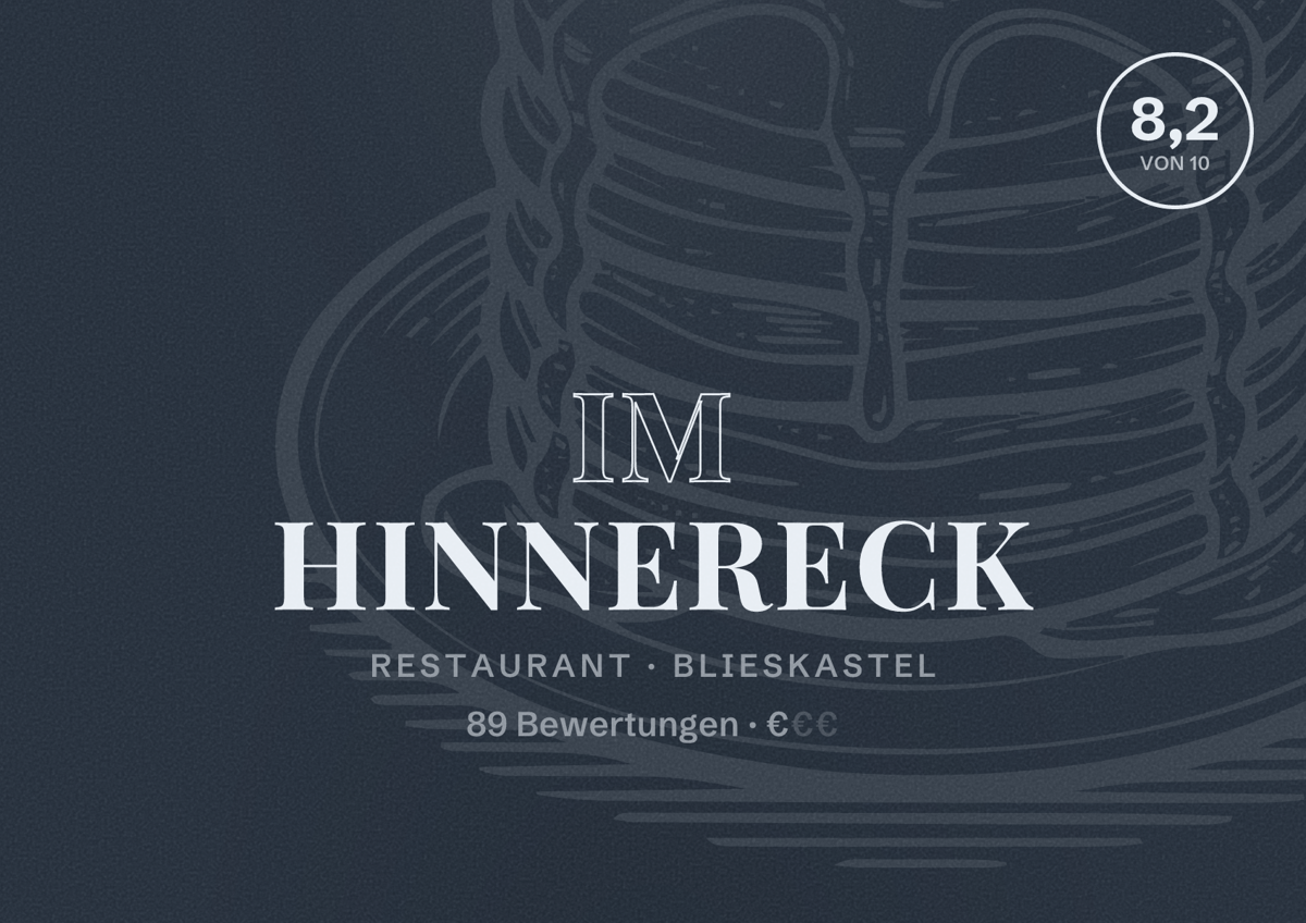 Illustriertes Poster von Im Hinnereck, Restaurant in Blieskastel: Bewertung 8,2 von 10 aus 89 Bewertungen, Preisniveau €