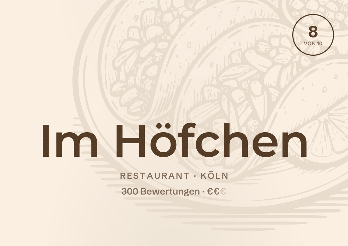 Illustriertes Poster von Im Höfchen, Restaurant in Köln: Bewertung 8 von 10 aus 300 Bewertungen, Preisniveau €€