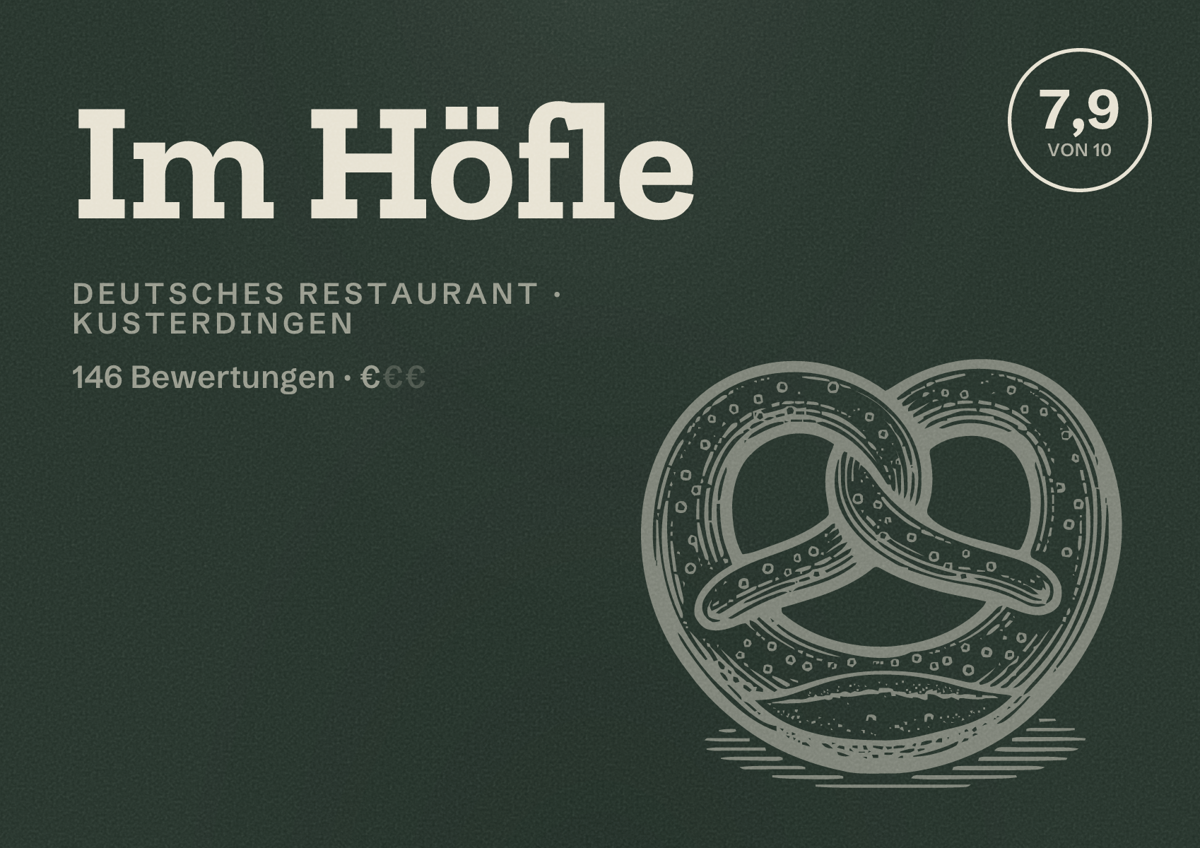 Illustriertes Poster von Im Höfle, Deutsches Restaurant in Kusterdingen: Bewertung 7,9 von 10 aus 146 Bewertungen, Preisniveau €