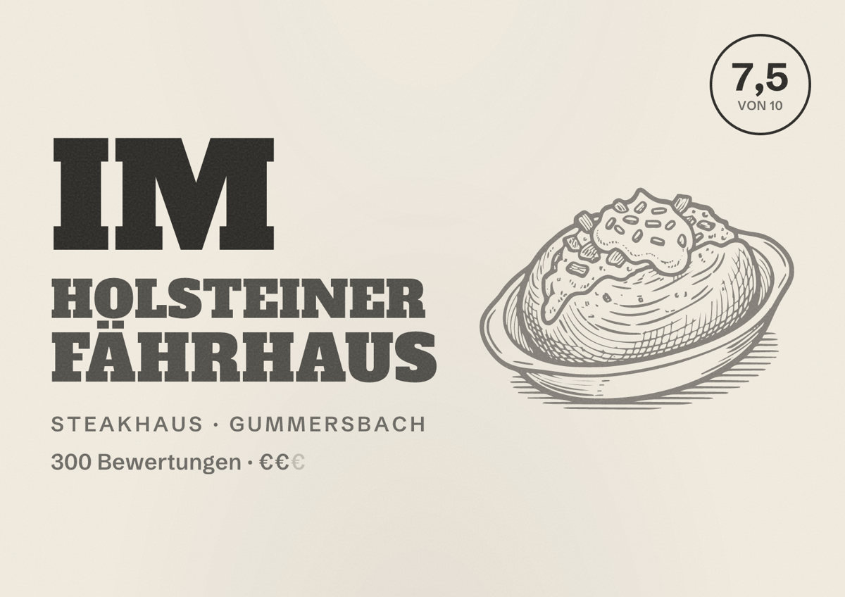 Illustriertes Poster von Im Holsteiner Fährhaus, Steakhaus in Gummersbach: Bewertung 7,5 von 10 aus 300 Bewertungen, Preisniveau €€