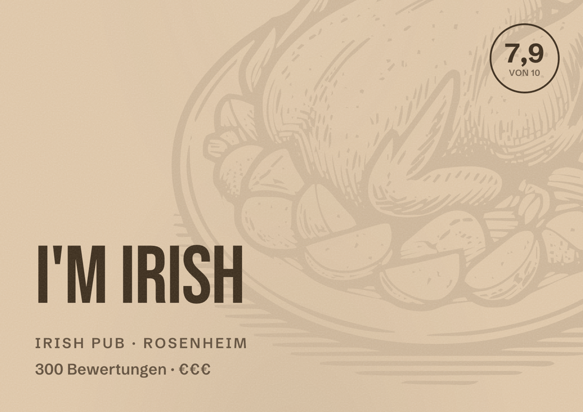Illustriertes Poster von I'm Irish, Irish Pub in Rosenheim: Bewertung 7,9 von 10 aus 300 Bewertungen, Preisniveau €€€