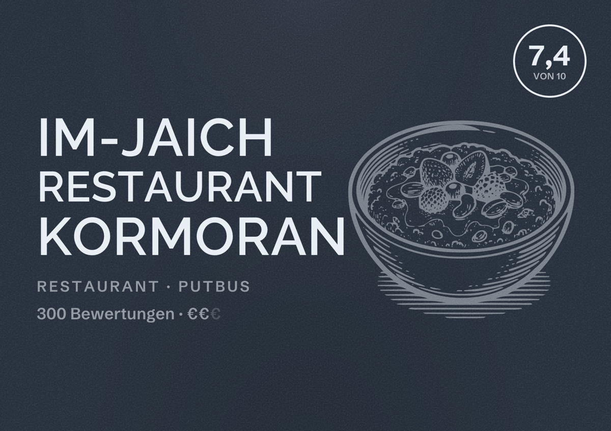 Illustriertes Poster von im-jaich Restaurant Kormoran, Restaurant in Putbus: Bewertung 7,4 von 10 aus 300 Bewertungen, Preisniveau €€