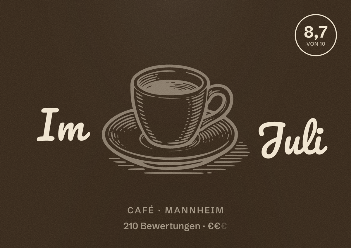 Illustriertes Poster von Im Juli, Café in Mannheim: Bewertung 8,7 von 10 aus 210 Bewertungen, Preisniveau €€