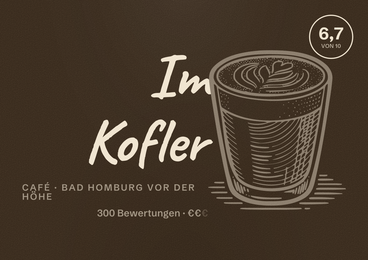 Illustriertes Poster von Im Kofler, Café in Bad Homburg vor der Höhe: Bewertung 6,7 von 10 aus 300 Bewertungen, Preisniveau €€