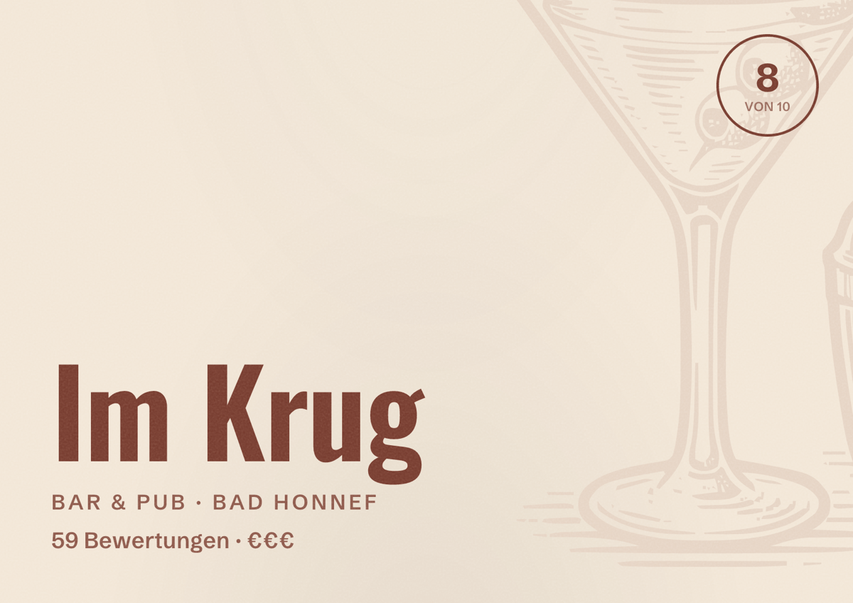Illustriertes Poster von Im Krug, Bar & Pub in Bad Honnef: Bewertung 8 von 10 aus 59 Bewertungen, Preisniveau €€€