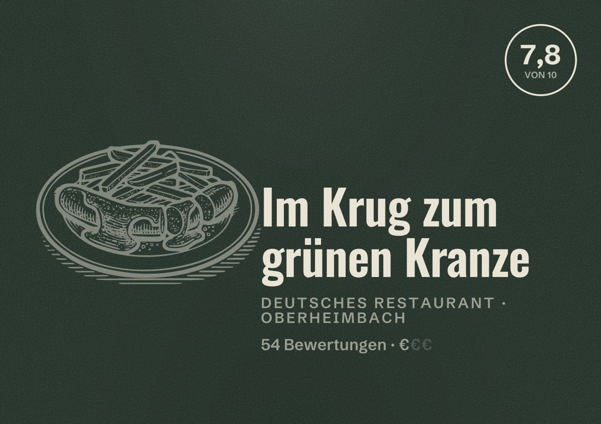 Illustriertes Poster von Im Krug zum grünen Kranze, Deutsches Restaurant in Oberheimbach: Bewertung 7,8 von 10 aus 54 Bewertungen, Preisniveau €