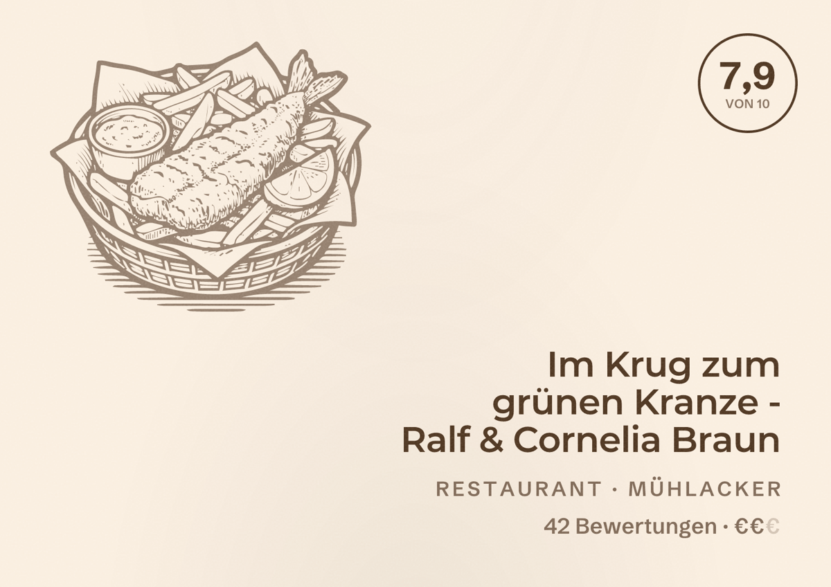 Illustriertes Poster von Im Krug zum grünen Kranze - Ralf & Cornelia Braun, Restaurant in Mühlacker: Bewertung 7,9 von 10 aus 42 Bewertungen, Preisniveau €€