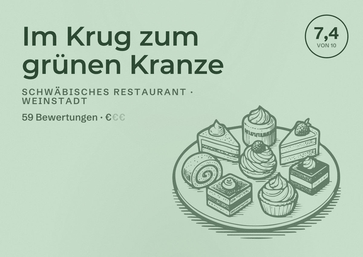 Illustriertes Poster von Im Krug zum grünen Kranze, Schwäbisches Restaurant in Weinstadt: Bewertung 7,4 von 10 aus 59 Bewertungen, Preisniveau €