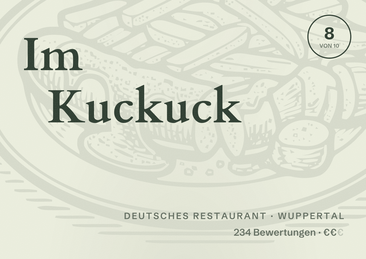 Illustriertes Poster von Im Kuckuck, Deutsches Restaurant in Wuppertal: Bewertung 8 von 10 aus 234 Bewertungen, Preisniveau €€