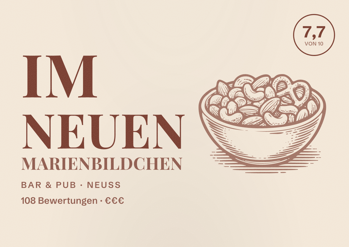Illustriertes Poster von Im neuen Marienbildchen, Bar & Pub in Neuss: Bewertung 7,7 von 10 aus 108 Bewertungen, Preisniveau €€€