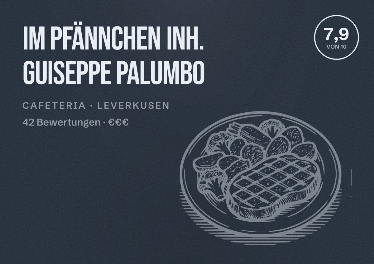 Illustriertes Poster von Im Pfännchen Inh. Guiseppe Palumbo, Cafeteria in Leverkusen: Bewertung 7,9 von 10 aus 42 Bewertungen, Preisniveau €€€