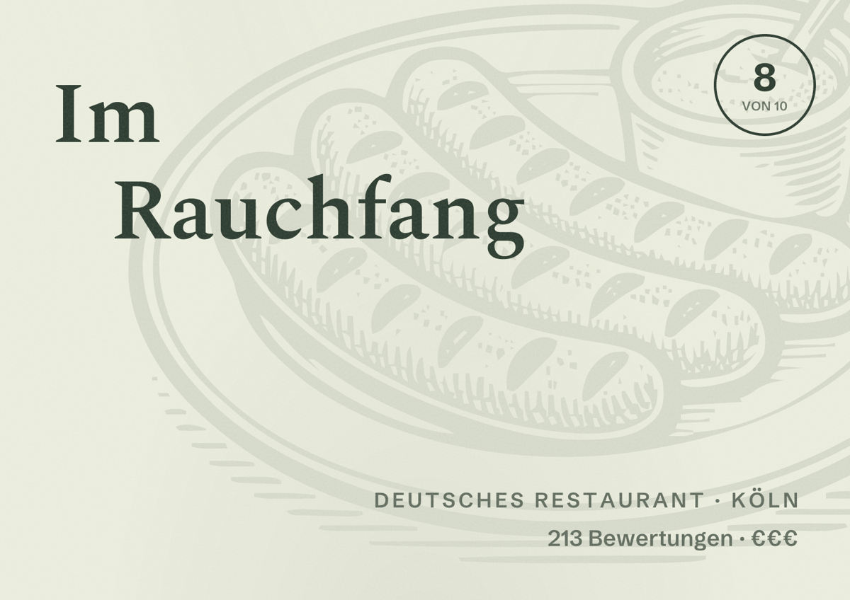 Illustriertes Poster von Im Rauchfang, Deutsches Restaurant in Köln: Bewertung 8,0 von 10 aus 213 Bewertungen, Preisniveau €€€
