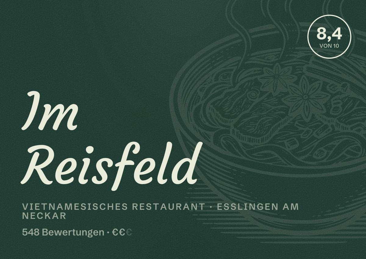 Illustriertes Poster von Im Reisfeld, Vietnamesisches Restaurant in Esslingen am Neckar: Bewertung 8,4 von 10 aus 548 Bewertungen, Preisniveau €€