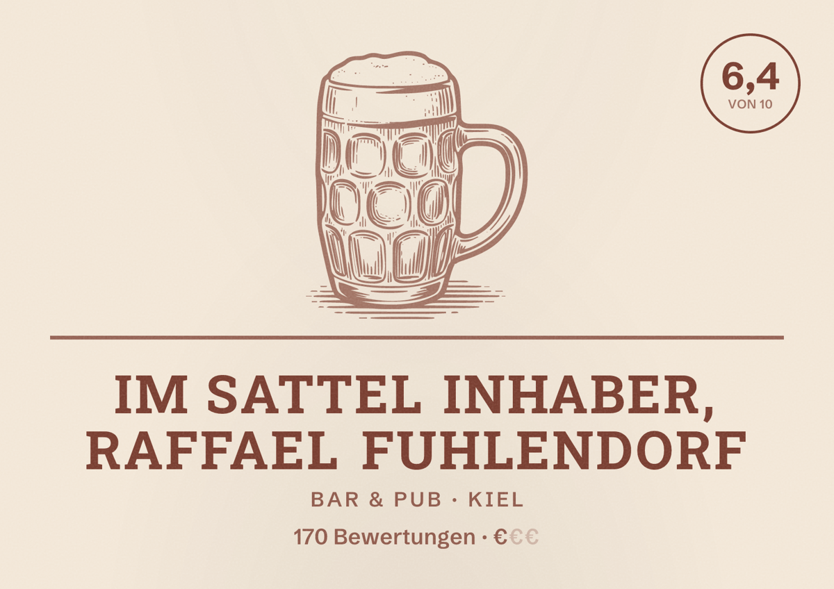 Illustriertes Poster von Im Sattel Inhaber, Raffael Fuhlendorf, Bar & Pub in Kiel: Bewertung 6,4 von 10 aus 170 Bewertungen, Preisniveau €