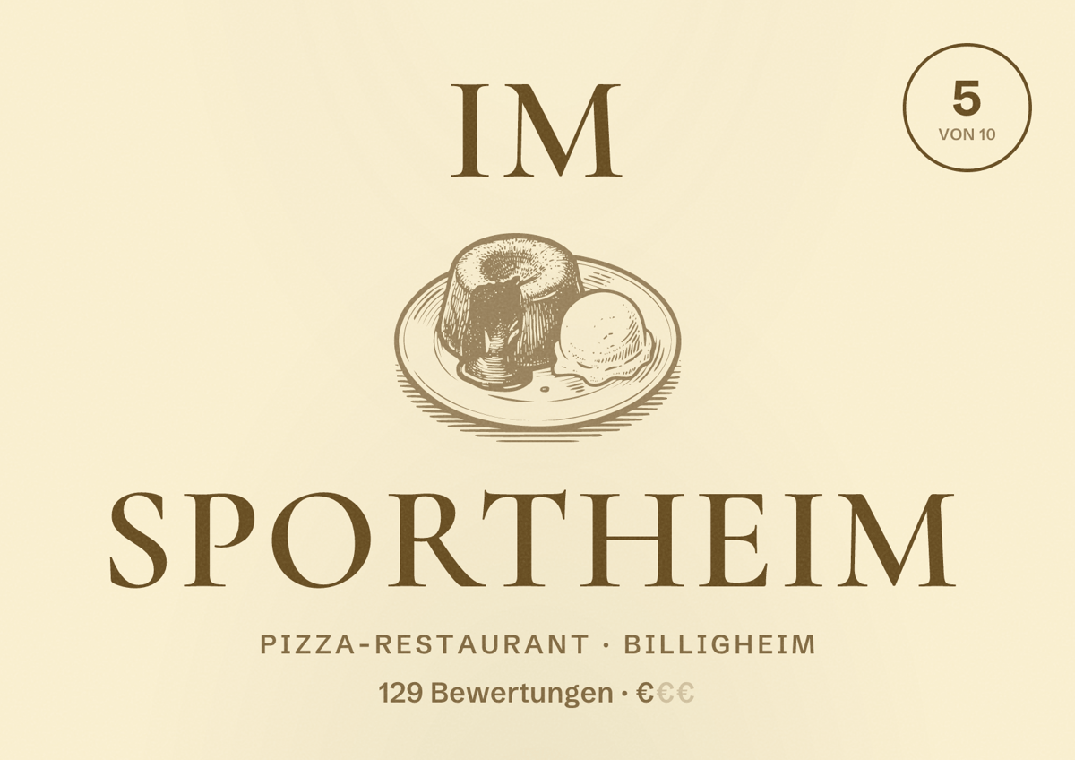 Illustriertes Poster von Im Sportheim, Pizza-Restaurant in Billigheim: Bewertung 5 von 10 aus 129 Bewertungen, Preisniveau €