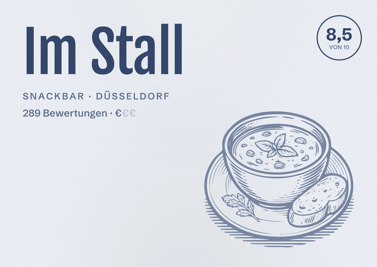 Illustriertes Poster von Im Stall, Snackbar in Düsseldorf: Bewertung 8,5 von 10 aus 289 Bewertungen, Preisniveau €
