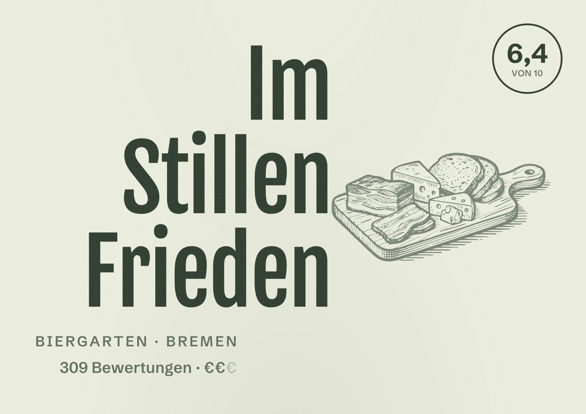 Illustriertes Poster von Im Stillen Frieden, Biergarten in Bremen: Bewertung 6,4 von 10 aus 309 Bewertungen, Preisniveau €€