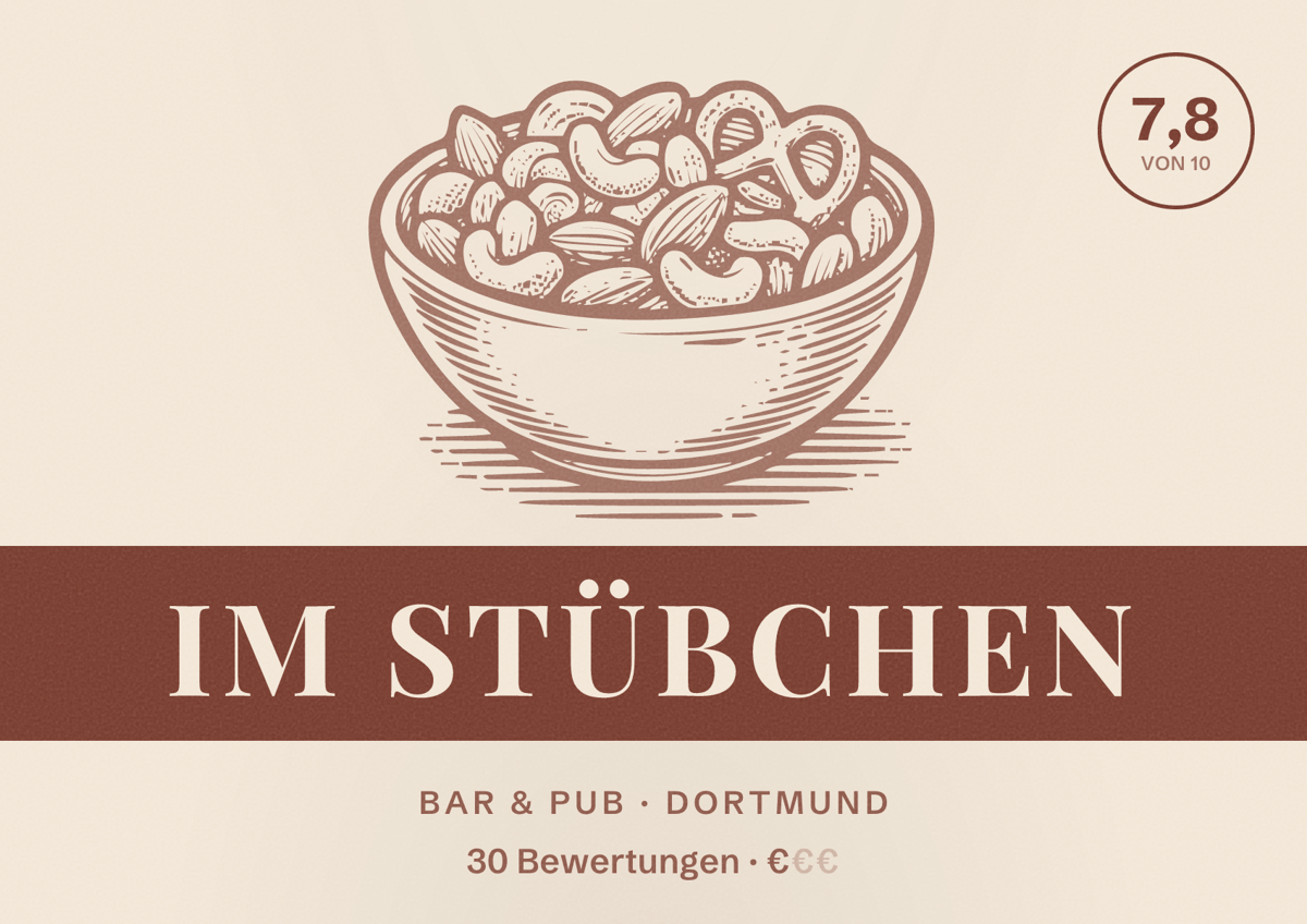 Illustriertes Poster von Im Stübchen, Bar & Pub in Dortmund: Bewertung 7,8 von 10 aus 30 Bewertungen, Preisniveau €