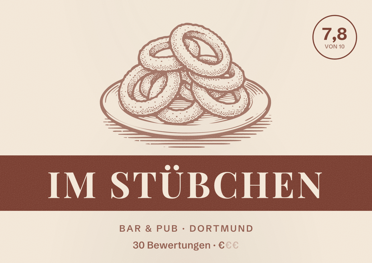 Illustriertes Poster von Im Stübchen, Bar & Pub in Dortmund: Bewertung 7,8 von 10 aus 30 Bewertungen, Preisniveau €
