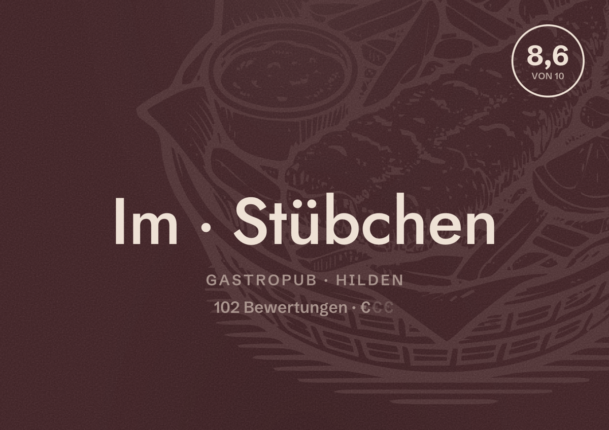 Illustriertes Poster von Im Stübchen, Gastropub in Hilden: Bewertung 8,6 von 10 aus 102 Bewertungen, Preisniveau €