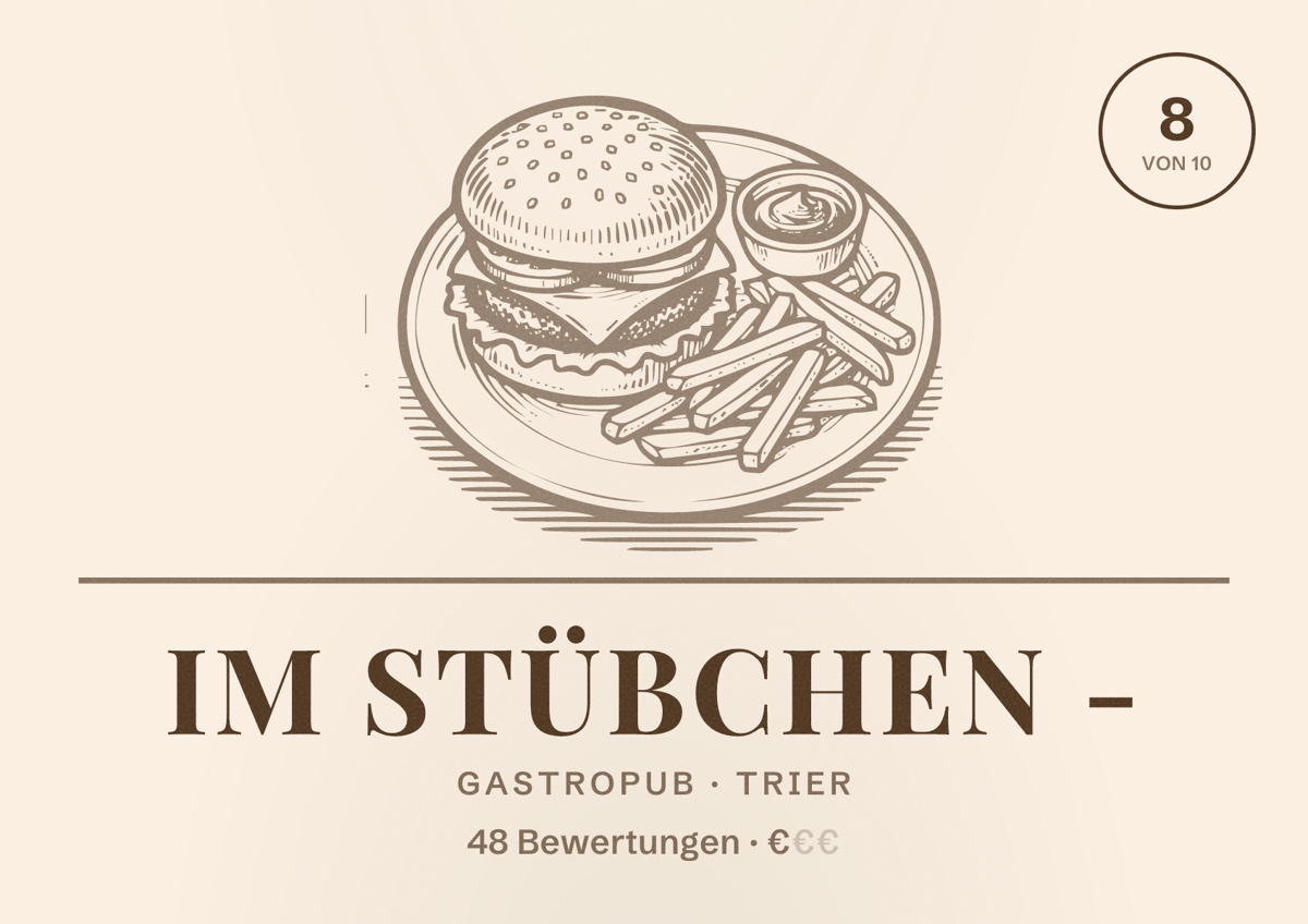 Illustriertes Poster von Im Stübchen -, Gastropub in Trier: Bewertung 8 von 10 aus 48 Bewertungen, Preisniveau €