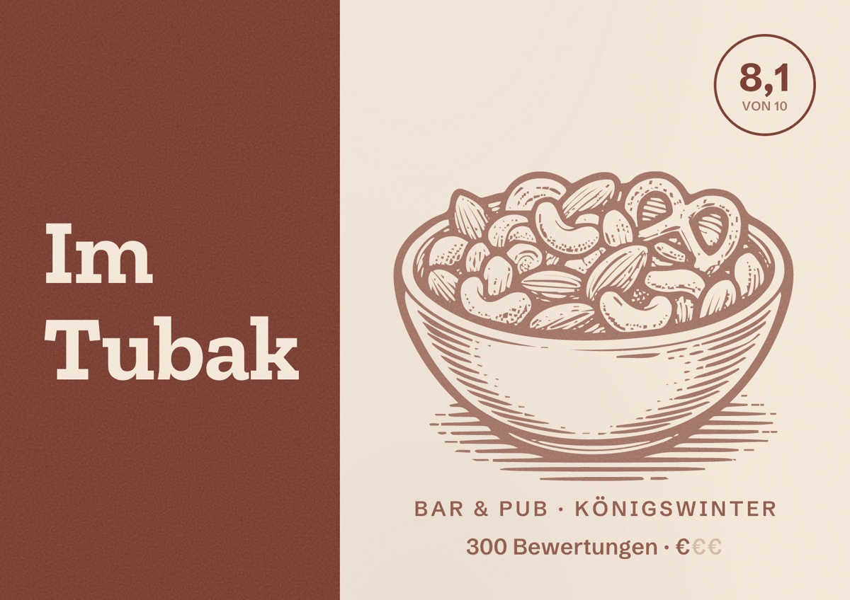 Illustriertes Poster von Im Tubak, Bar & Pub in Königswinter: Bewertung 8,1 von 10 aus 300 Bewertungen, Preisniveau €