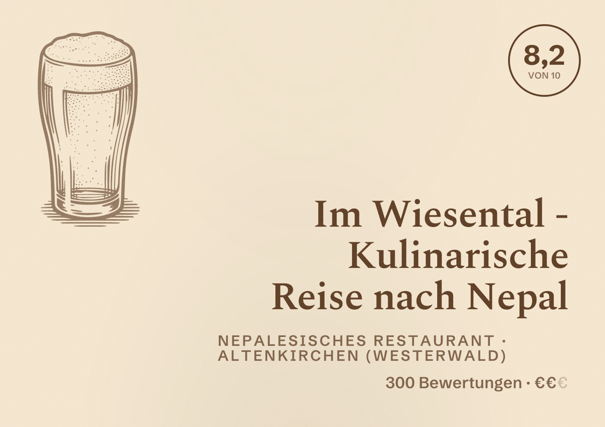 Illustriertes Poster von Im Wiesental - Kulinarische Reise nach Nepal, Nepalesisches Restaurant in Altenkirchen (Westerwald): Bewertung 8,2 von 10 aus 300 Bewertungen, Preisniveau €€