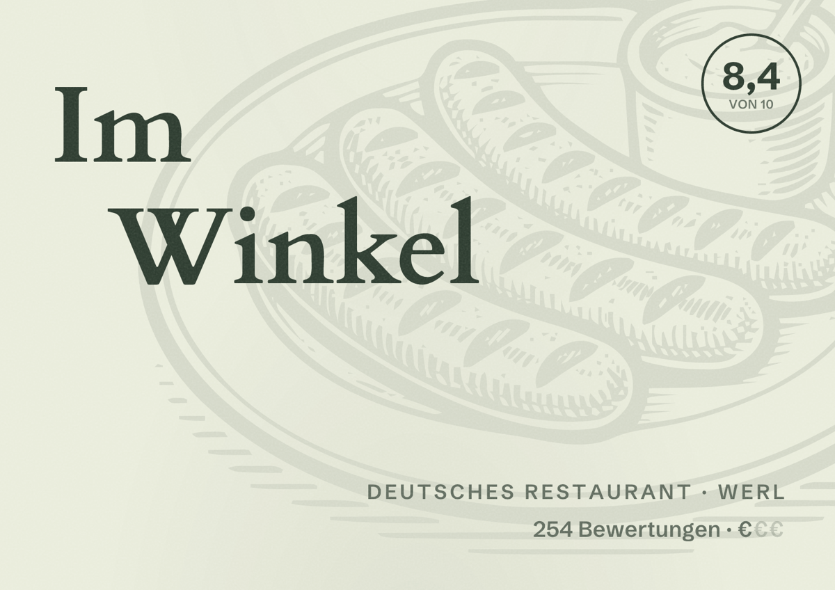 Illustriertes Poster von Im Winkel, Deutsches Restaurant in Werl: Bewertung 8,4 von 10 aus 254 Bewertungen, Preisniveau €