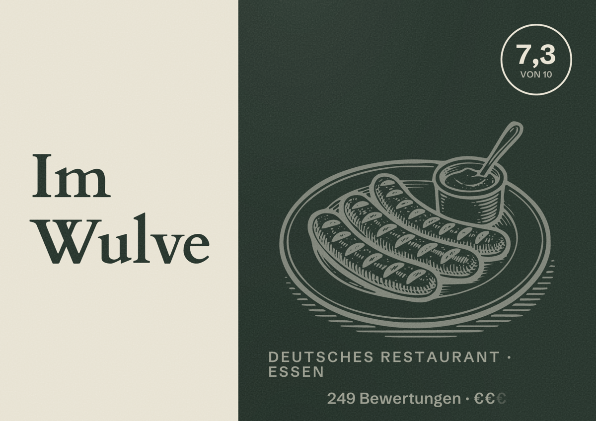 Illustriertes Poster von Im Wulve, Deutsches Restaurant in Essen: Bewertung 7,3 von 10 aus 249 Bewertungen, Preisniveau €€