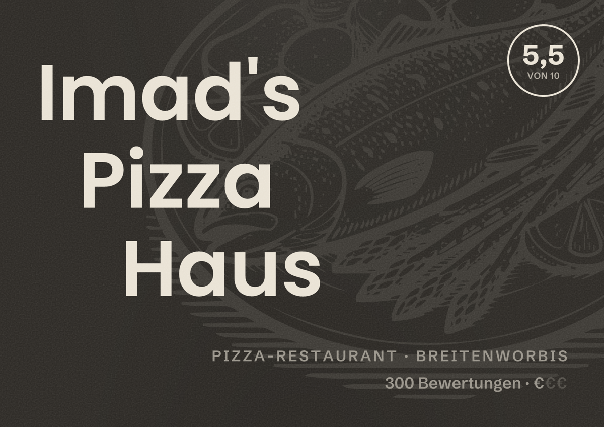Illustriertes Poster von Imad's Pizza Haus, Pizza-Restaurant in Breitenworbis: Bewertung 5,5 von 10 aus 300 Bewertungen, Preisniveau €