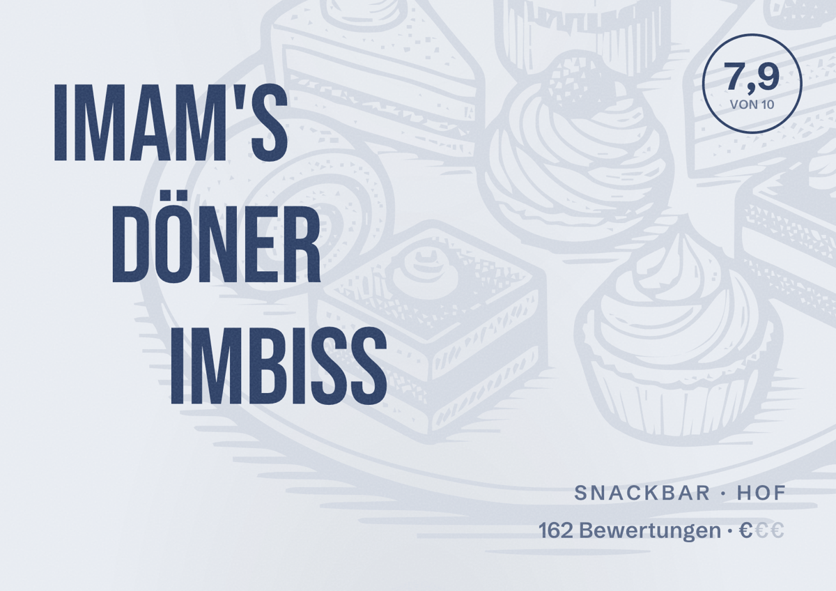 Illustriertes Poster von Imam's Döner Imbiss, Snackbar in Hof: Bewertung 7,9 von 10 aus 162 Bewertungen, Preisniveau €