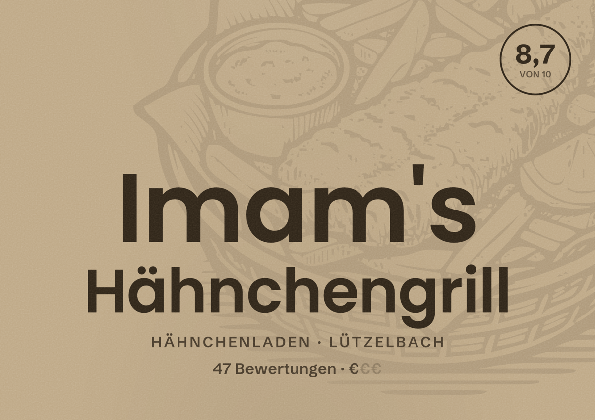 Illustriertes Poster von Imam's Hähnchengrill, Hähnchenladen in Lützelbach: Bewertung 8,7 von 10 aus 47 Bewertungen, Preisniveau €