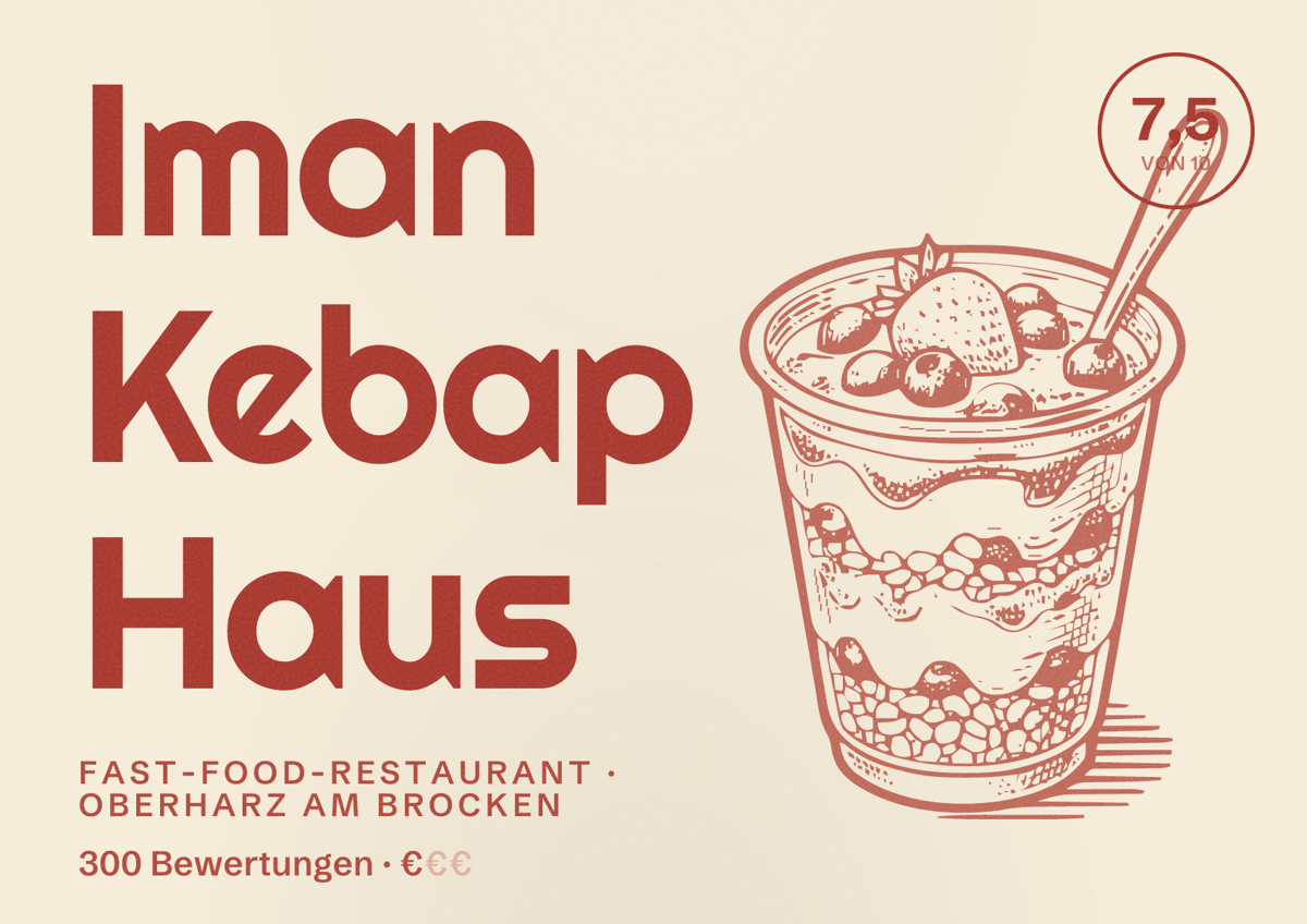 Illustriertes Poster von Iman Kebap Haus, Fast-Food-Restaurant in Oberharz am Brocken: Bewertung 7,5 von 10 aus 300 Bewertungen, Preisniveau €