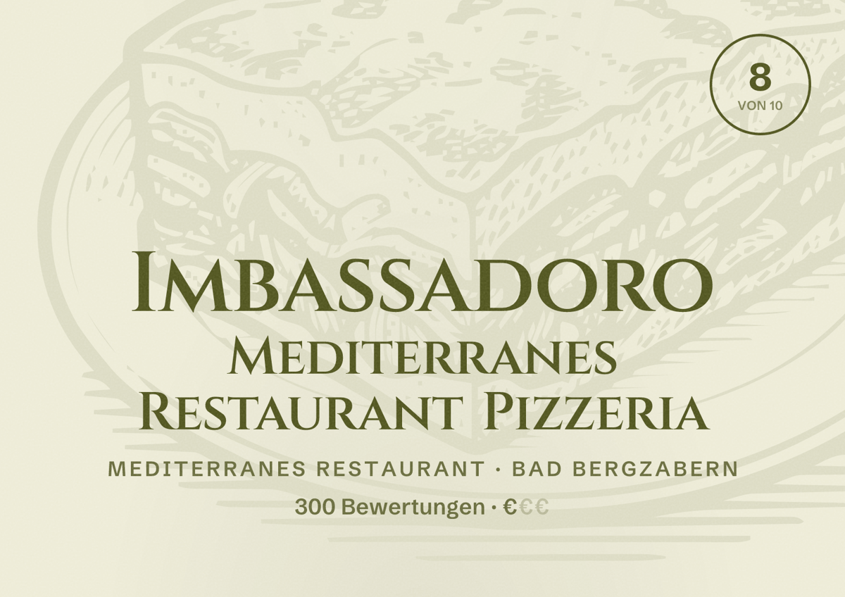 Illustriertes Poster von Imbassadoro Mediterranes Restaurant Pizzeria, Mediterranes Restaurant in Bad Bergzabern: Bewertung 8 von 10 aus 300 Bewertungen, Preisniveau €