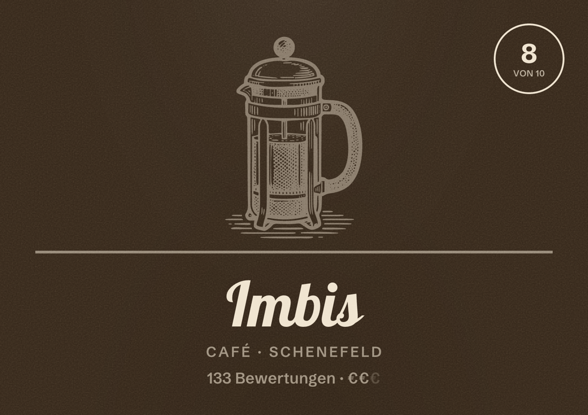 Illustriertes Poster von Imbis, Café in Schenefeld: Bewertung 8 von 10 aus 133 Bewertungen, Preisniveau €€