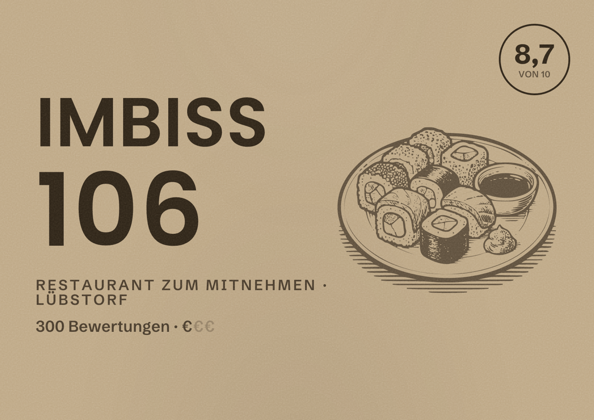 Illustriertes Poster von Imbiss 106, Restaurant zum Mitnehmen in Lübstorf: Bewertung 8,7 von 10 aus 300 Bewertungen, Preisniveau €