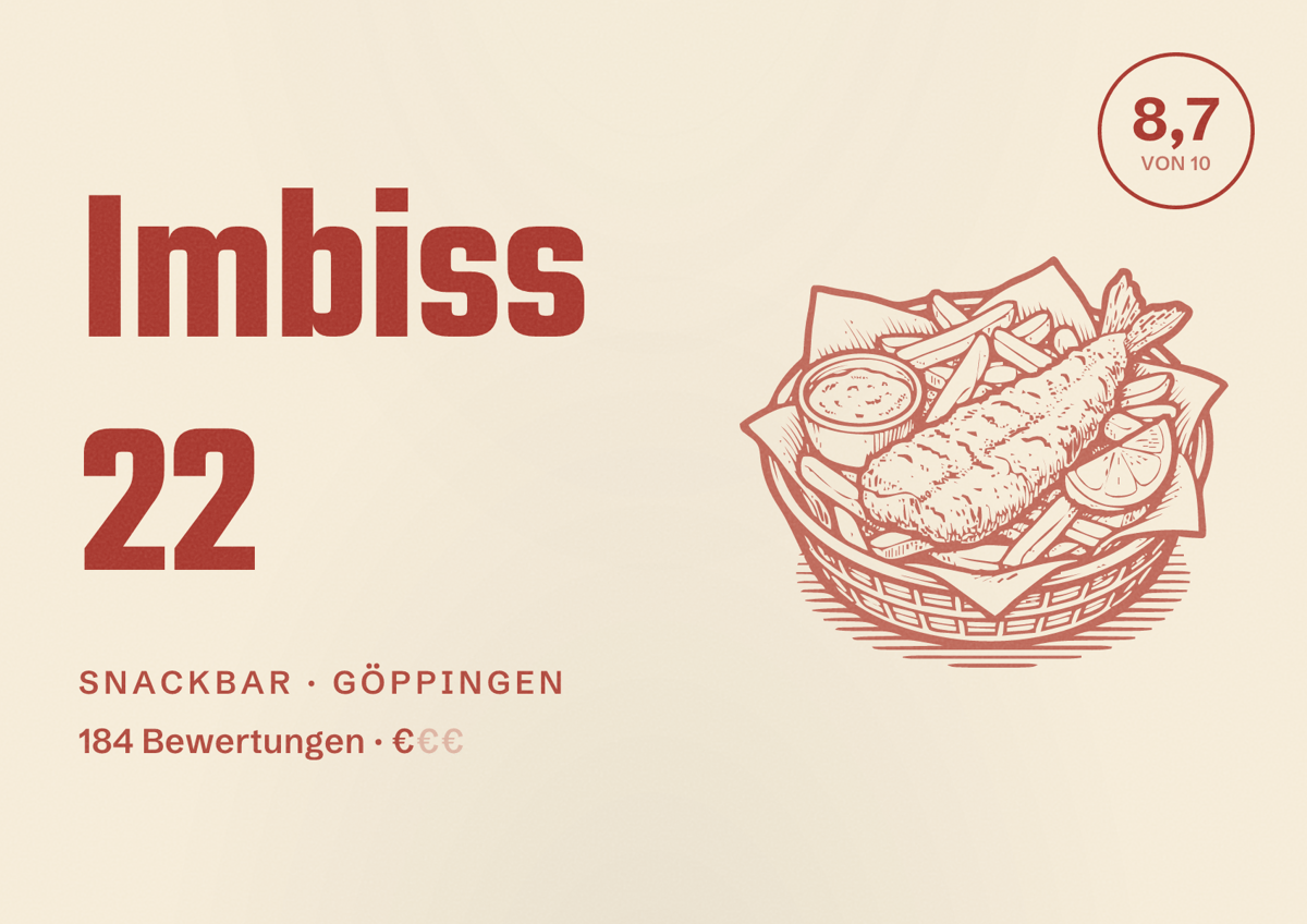 Illustriertes Poster von Imbiss 22, Snackbar in Göppingen: Bewertung 8,7 von 10 aus 184 Bewertungen, Preisniveau €