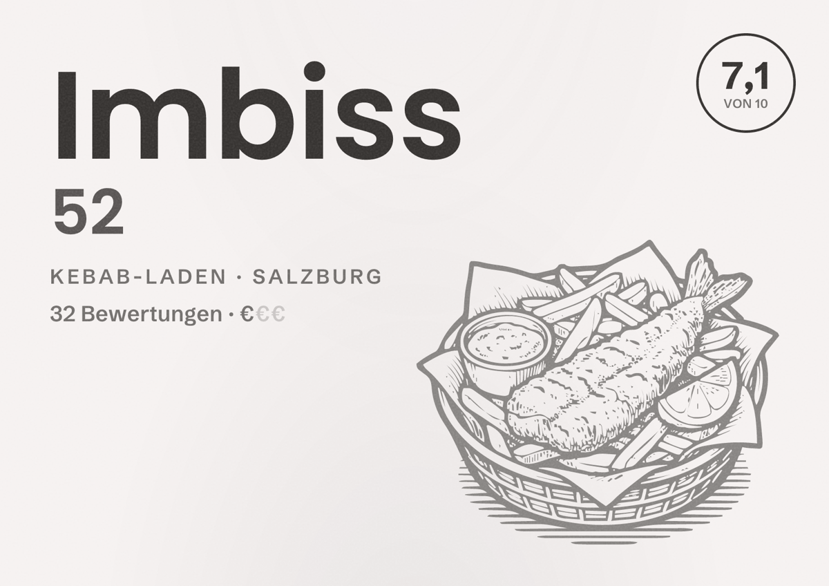 Illustriertes Poster von Imbiss 52, Kebab-Laden in Salzburg: Bewertung 7,1 von 10 aus 32 Bewertungen, Preisniveau €